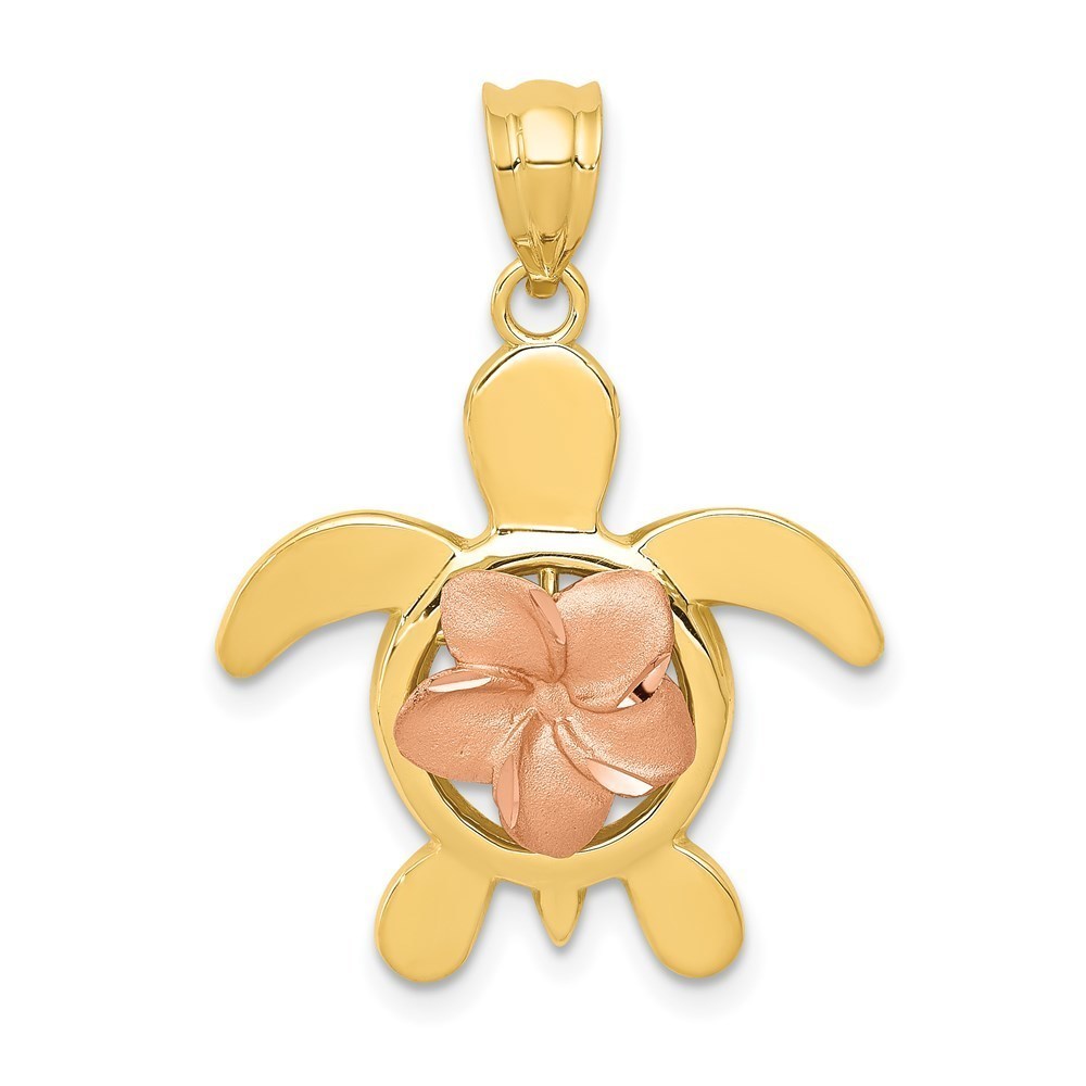 14k Yellow Gold Two-tone Diamond-cut Rose Plumeria Turtle Necklace Charm Pendant